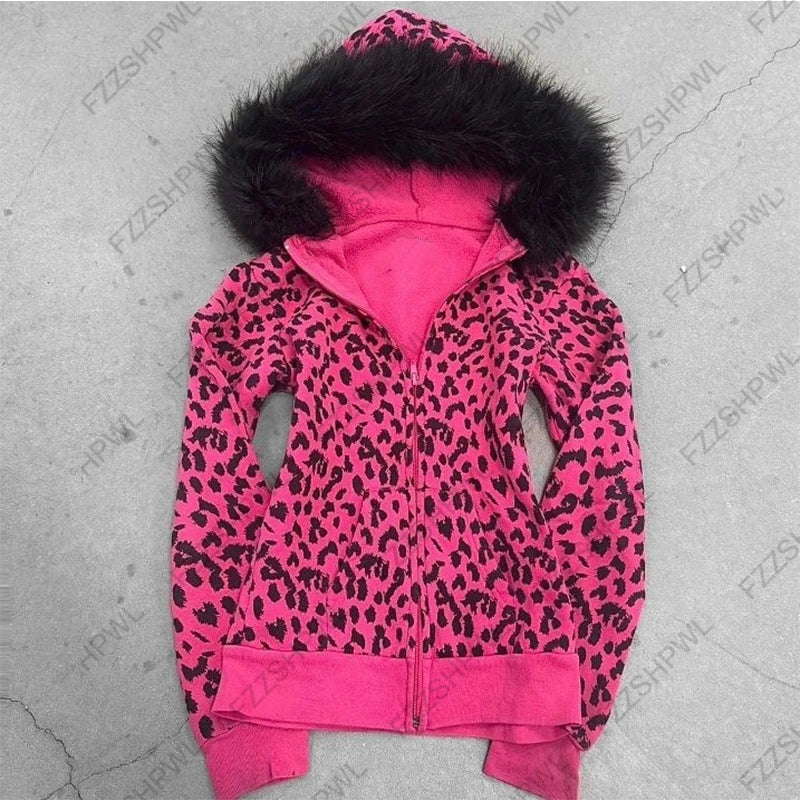 Casual Leopard Print Fur Collar Zipper Hoodie for Women
