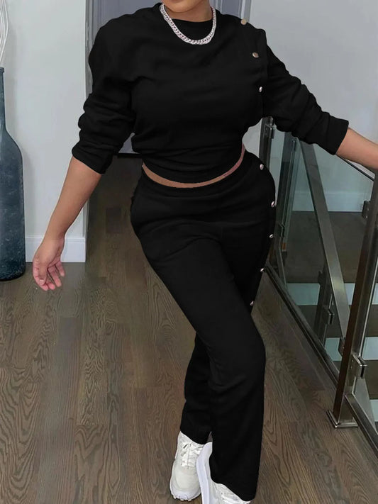 Two Piece Sets Streetwear Elegant Women's New Hoodie Side Button Long Sleeved Pants Fashionable Casual Suit Y2k Autumn 2024