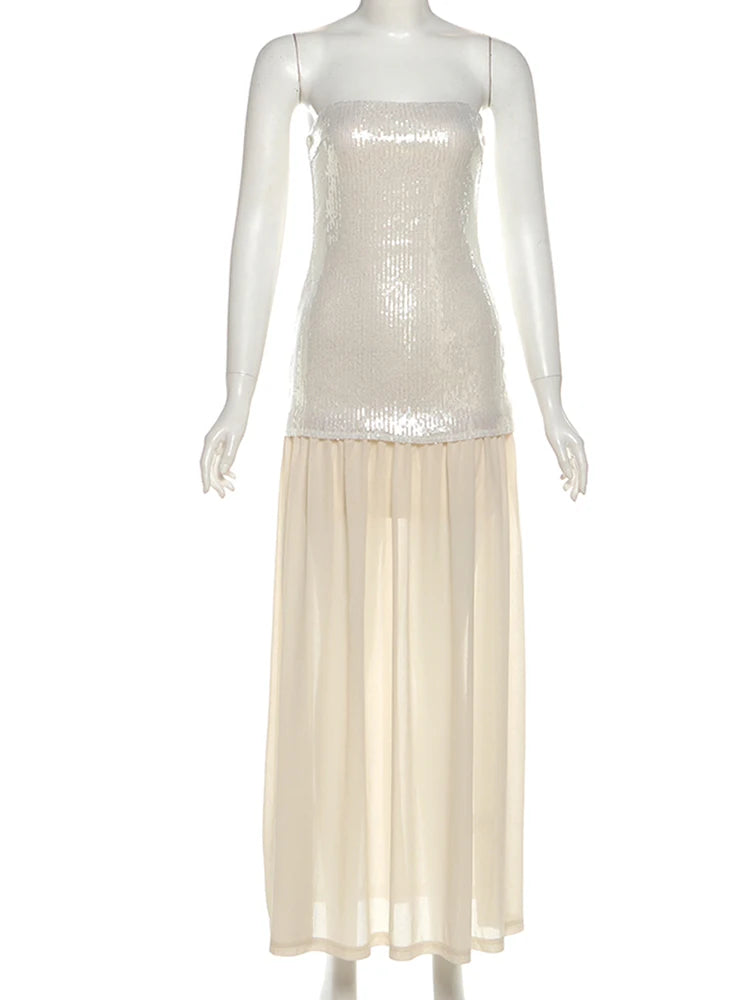 SIsterlinda Fashion Chic Sequin Dress Women Sexy Sleeveless Patchwork Zipper Beach Vacation Birthday Party Club Stretch Bodycon