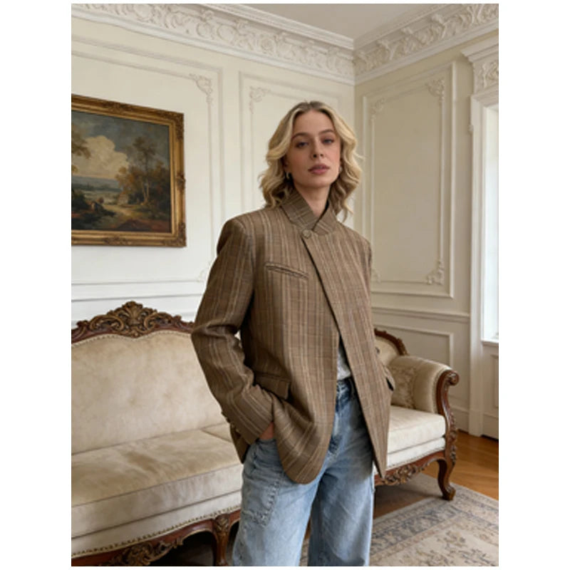 Vintage Plaid Lapel Blazer and Shorts Set for Women
