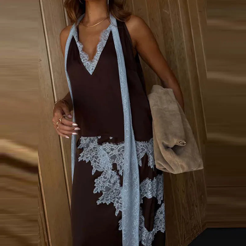 Lace Patch Satin Halter Two Piece Set