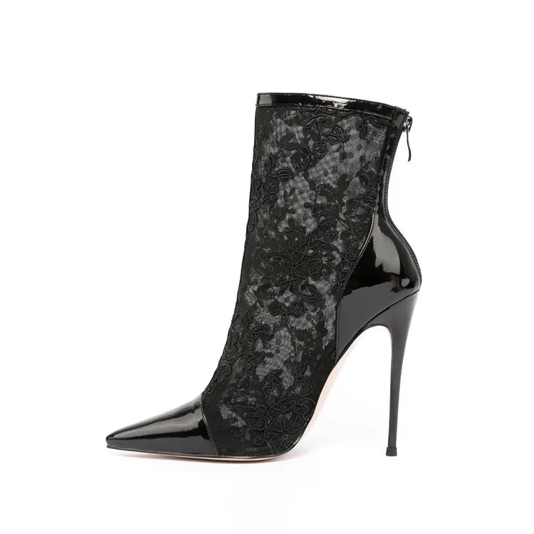 Elegant Black Mesh Stiletto Ankle Boots With Pointy Toe Rear Zipper For Women