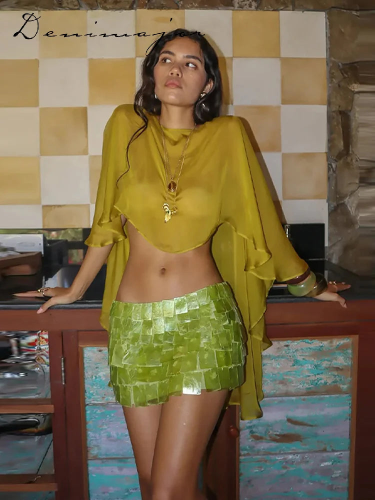 Sheer Chiffon Cape Top and Sequin Mini Skirt Set for Women