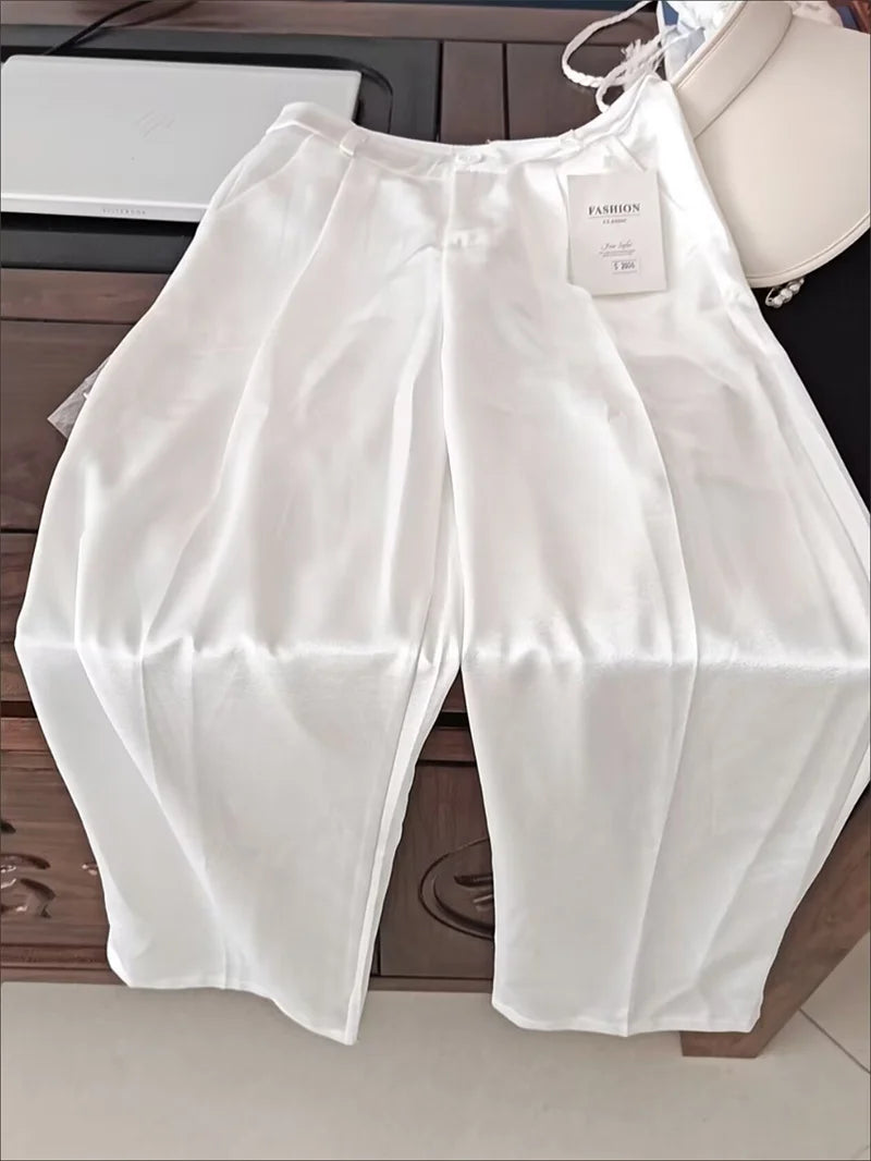 High Waist Solid Color Satin Wide Leg Trousers For Women