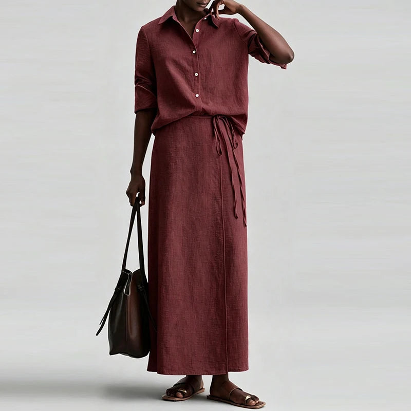 Loose Lapel Two Piece Shirt And Skirt Set for Women
