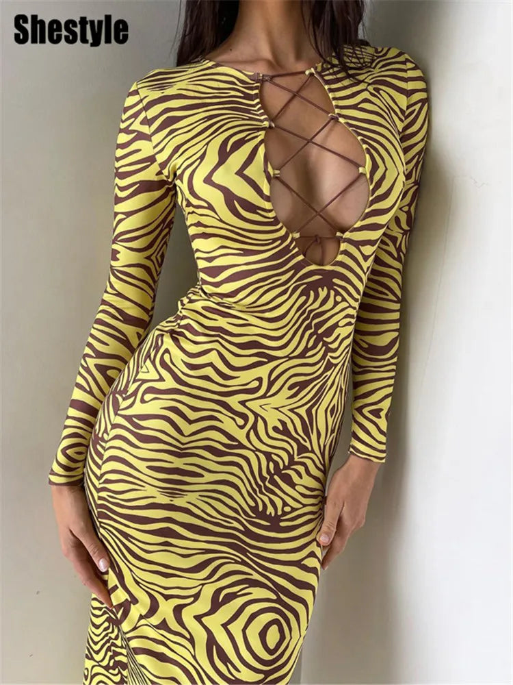 Zebra Print Hollow Out Bodycon Midi Dress for Women