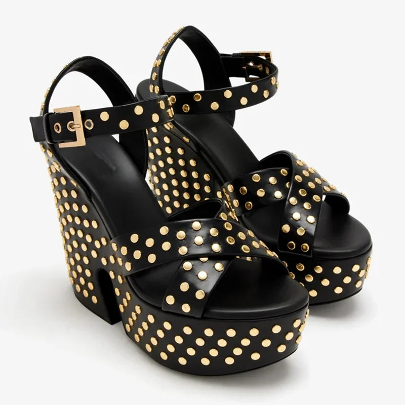 Gold Rivet High Heel Platform Leather Sandals for Women