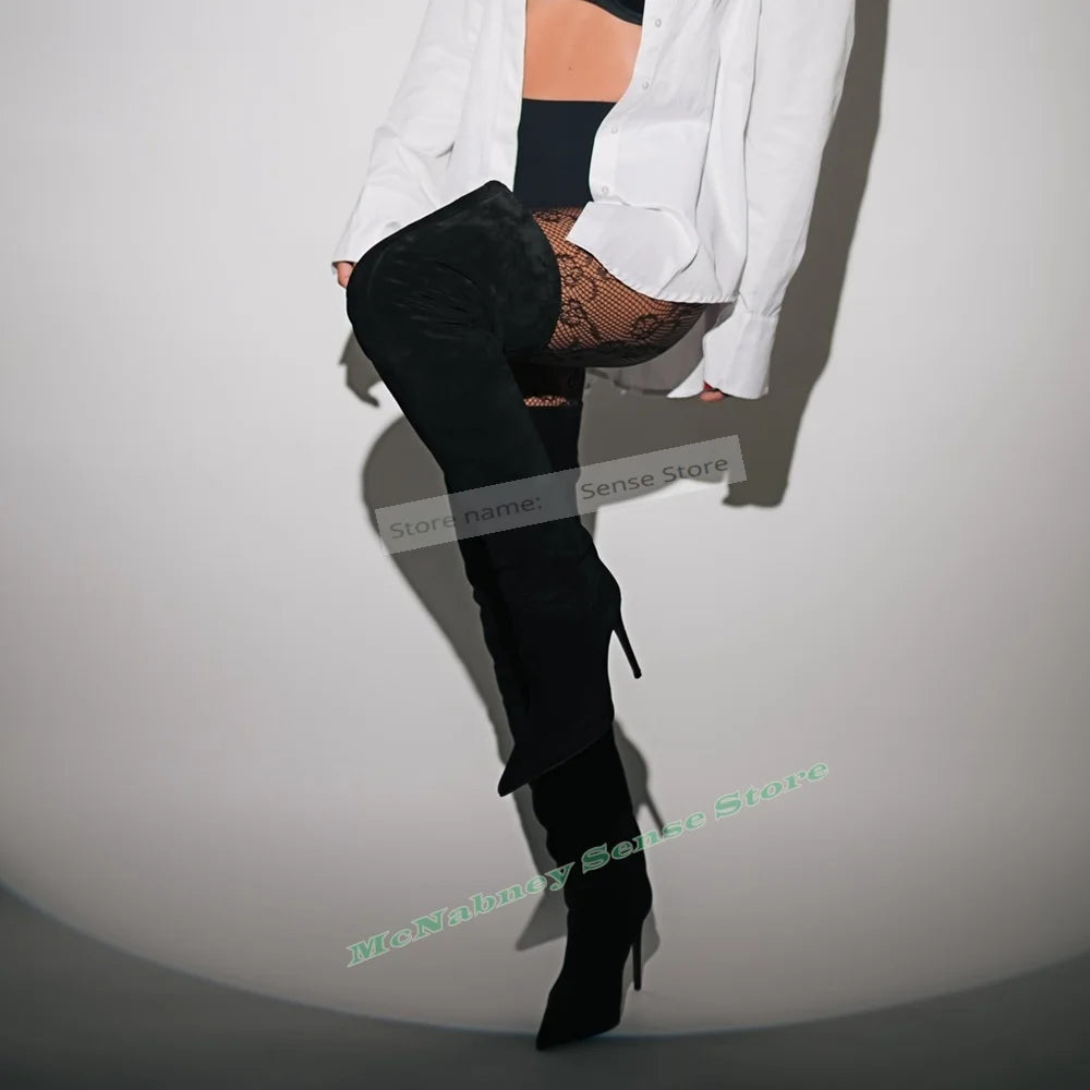 Suede Over the Knee Boots Pointy Toe Stiletto Heels for Women