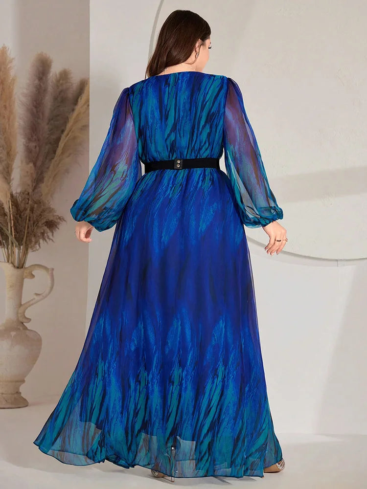 TOLEEN 2024 New Luxury Elegant Plus Size Women Maxi Dresses Ombre Lantern Sleeve V-Neck Arabia Long Dress, For Summer Vocation