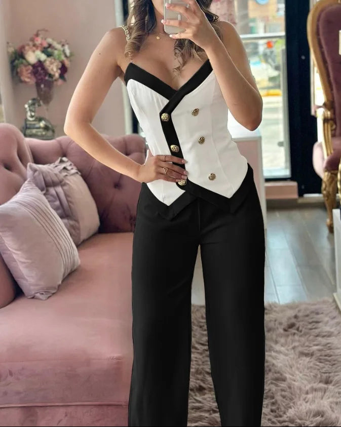 V-Neck Metal Suspender Top Two-Piece Set for Women