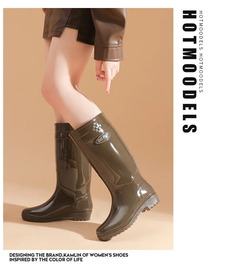Bright Green Knee High Rain Boots With Antislip Sole for Women