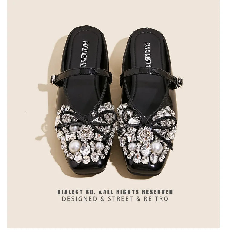 Pearl Bow Embellished Square Toe Flat Shoes For Women