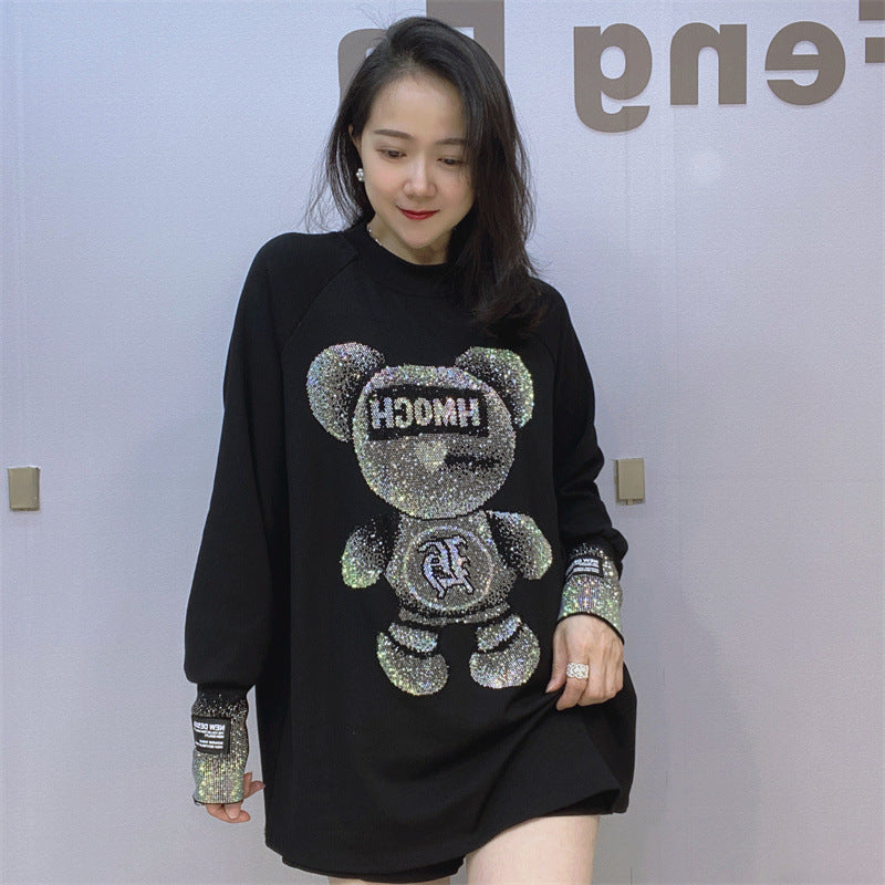Loose Inner Wear Black T-shirt Women Spring Autumn Rhinestone Long-Sleeved Shirt Thickened Brushed Cotton Bottoming Top Female