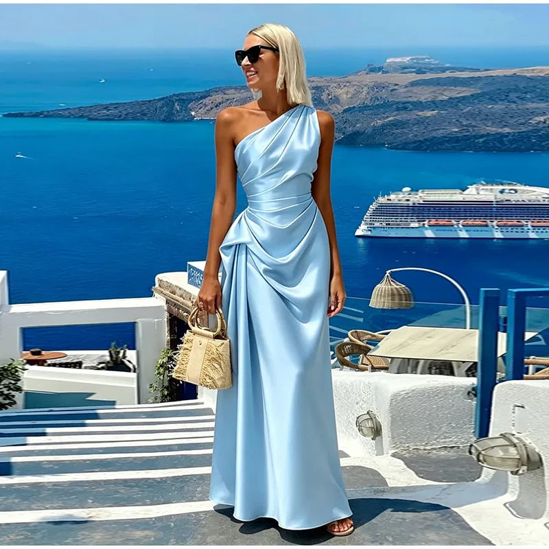 Charming One Shoulder Ruched Waist Satin Midi Dress For Women