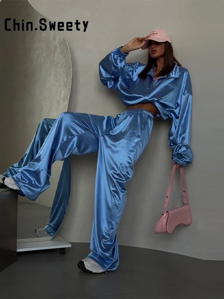 Loose Solid Satin Two Piece Pants Set With Zipper Jacket For Women