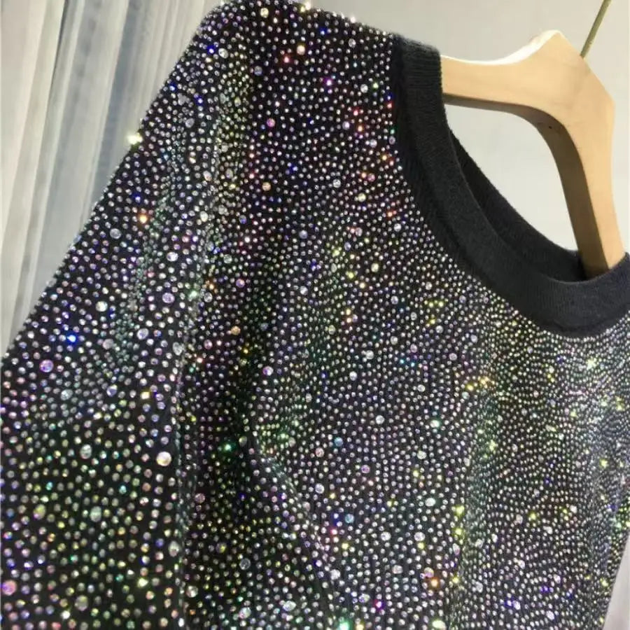 Luxury Blingbling Diamonds Autumn Winter Sim Black Sweaters Women's Long Sleeve High Street Y2K Knitted Pullover Clothes