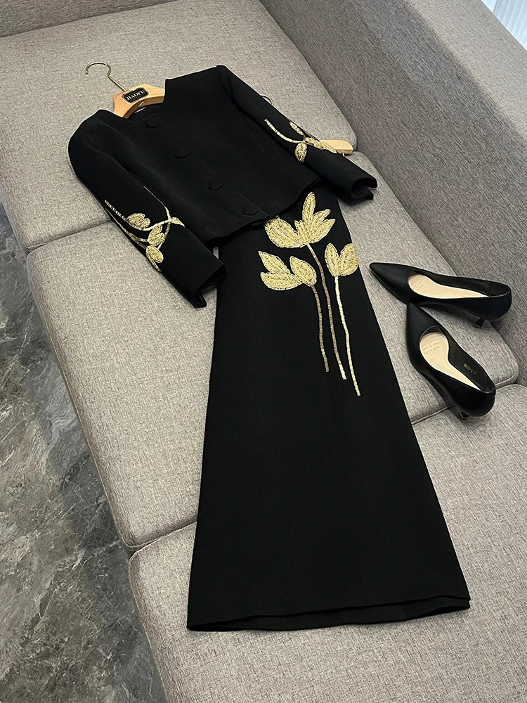 TWOTWINSTYLE Embroidery Two Piece Set For Women O Neck Long Sleeve Spliced Button Top High Waist Skirt Chic Sets FemaleKSE511331