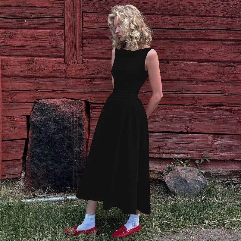 Solid Color Sleeveless Backless Dress with Waist Tie for Women