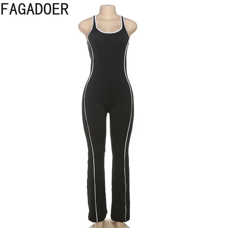 FAGADOER Fashion Striped Patchwork Bodycon Jumpsuits Women Sleeveless Backless Hollow Out Rompers Female Streetwear Overall New