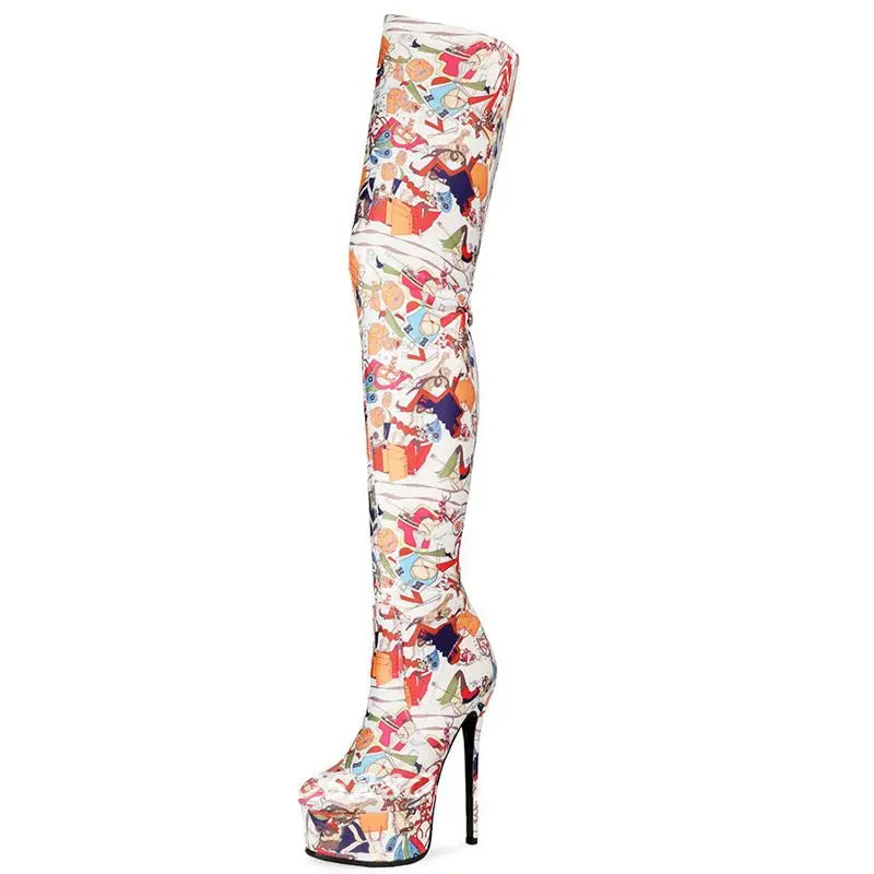 Colorful Graffiti Print Thigh High Platform Boots for Women