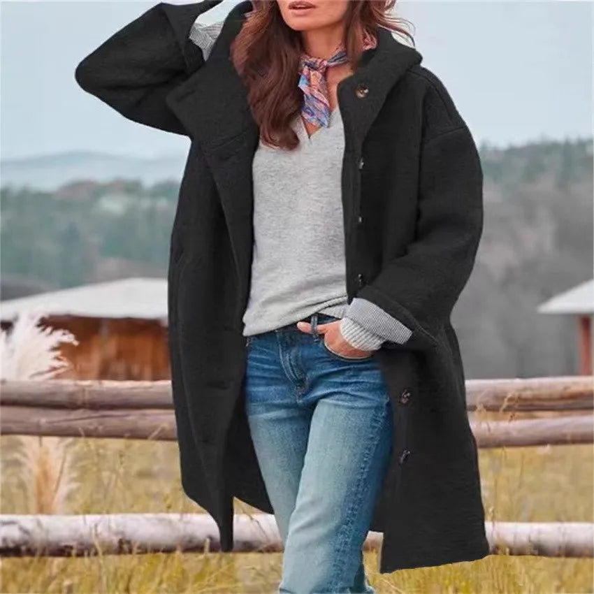 Oversized Hooded Casual Solid Color Wool Blend Coat for Women
