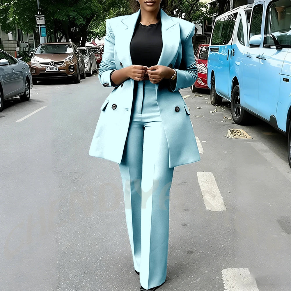 High Quality Women Suits Double Breasted Straight Formal 2 Piece Jacket Pants Peak Lapel High Street Daily Office Casual Suit