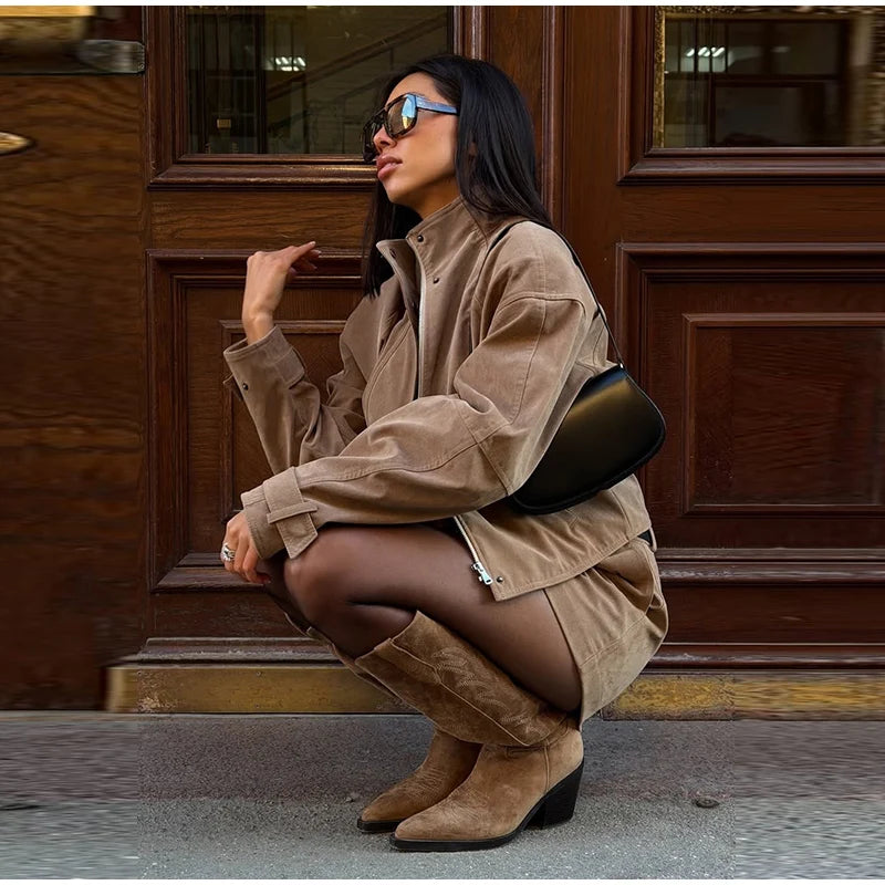 Vintage Suede Jacket and Mini Skirt Two Piece Set for Women
