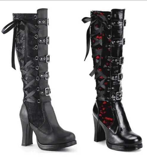 Lace Up Chunky High Heel Mid Calf Boots for Women