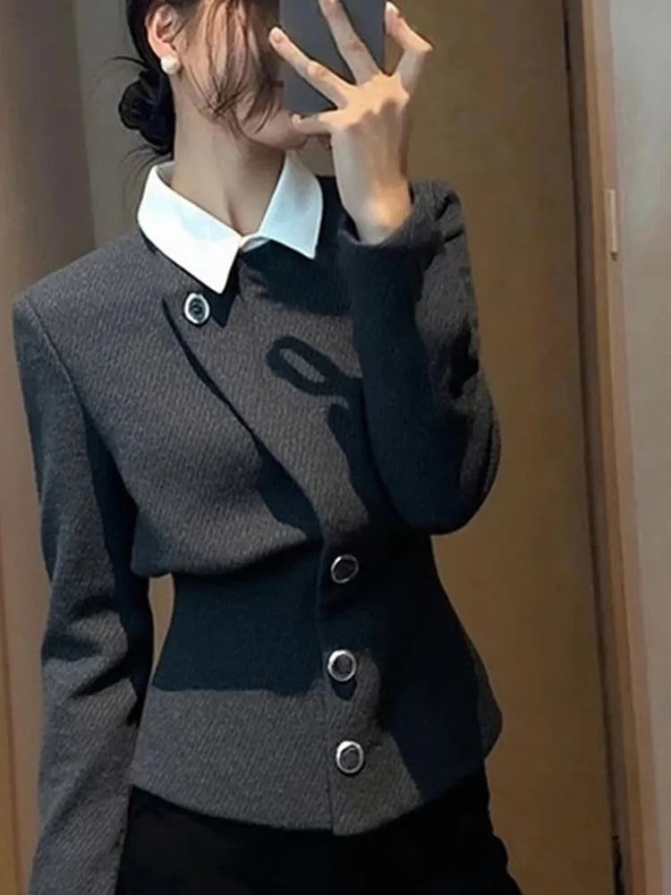 Grey Faux Two Piece Button Detail Casual Coat For Women