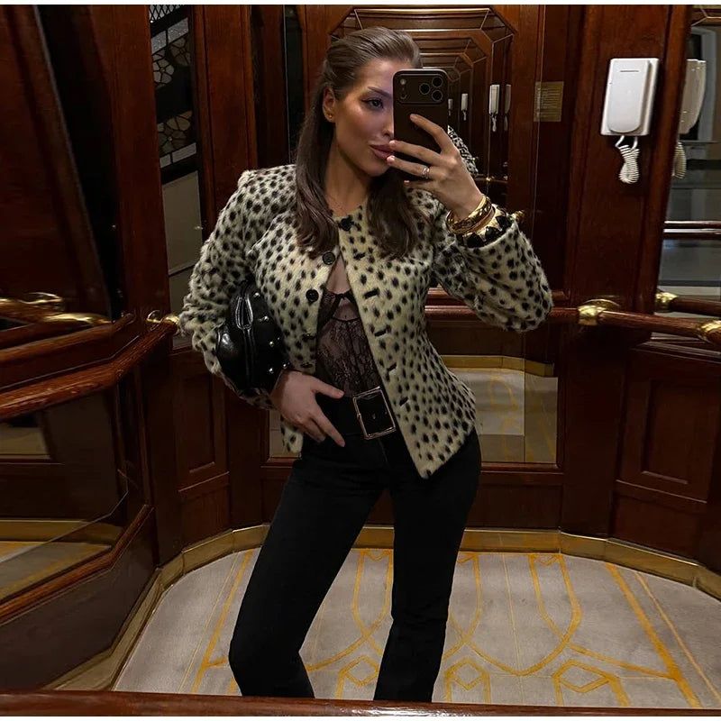 Leopard Print Faux Fur Single Breasted Crop Jacket for Women