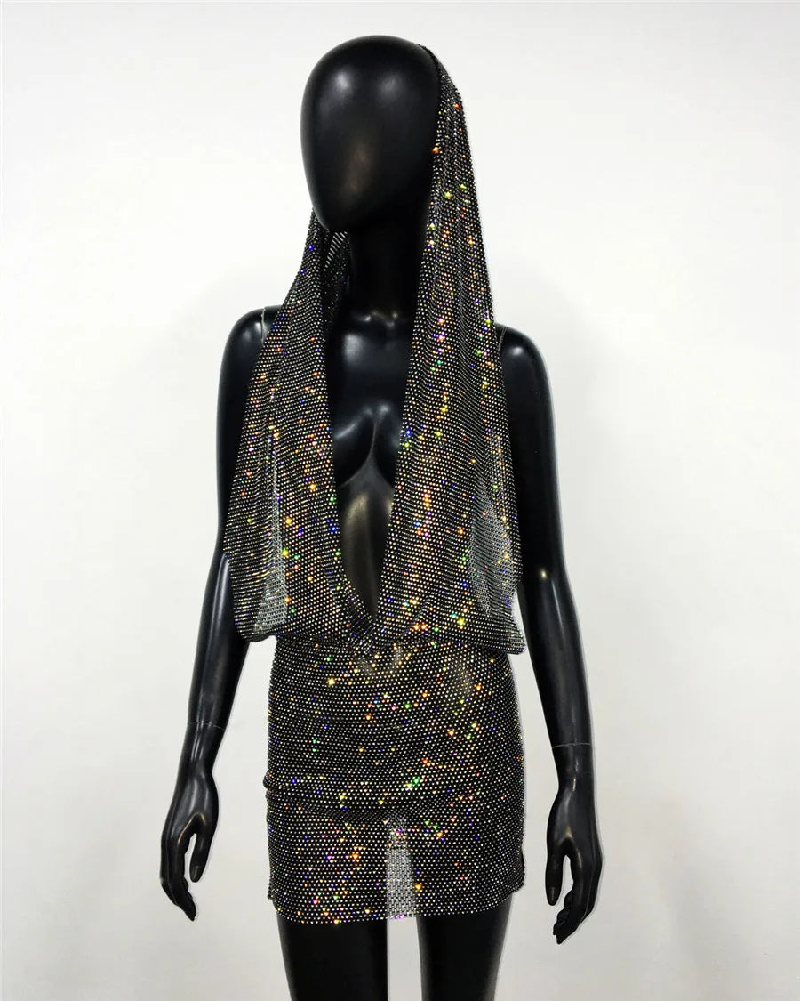 Y2K Rhinestone Sheer Mesh Festival Mini Dress for Women