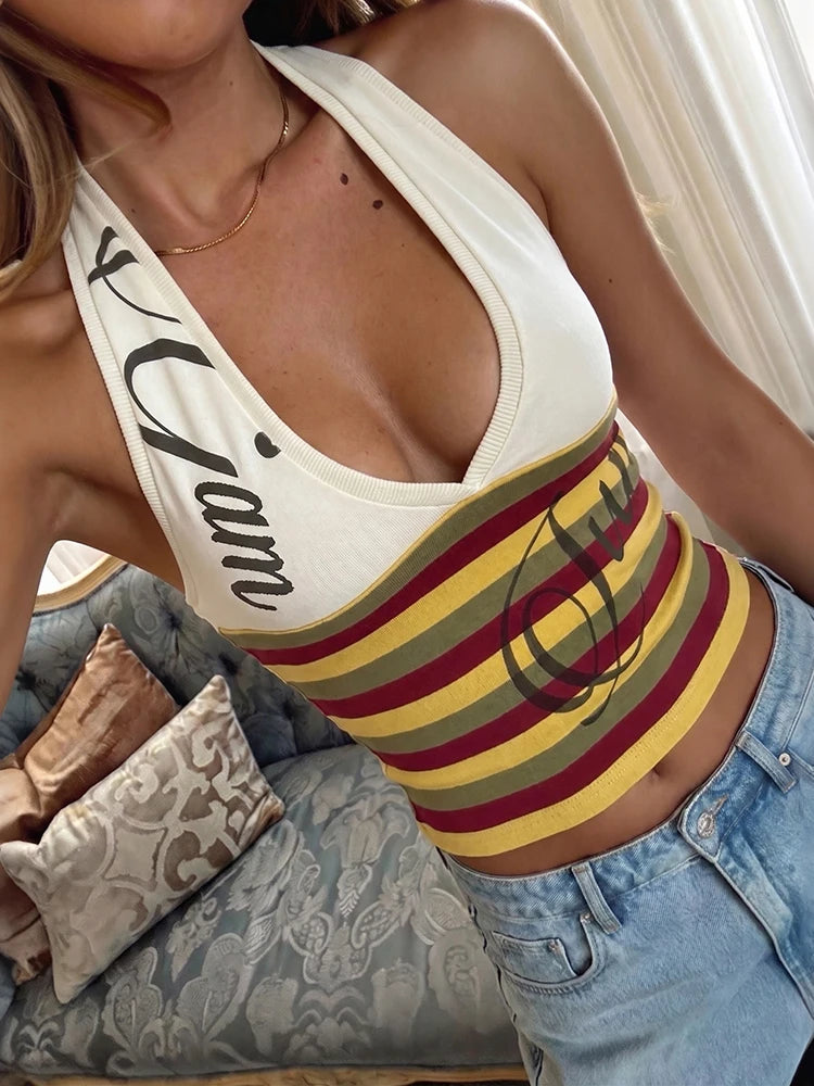 Patchwork Stripe V Neck Backless Tank Top for Women