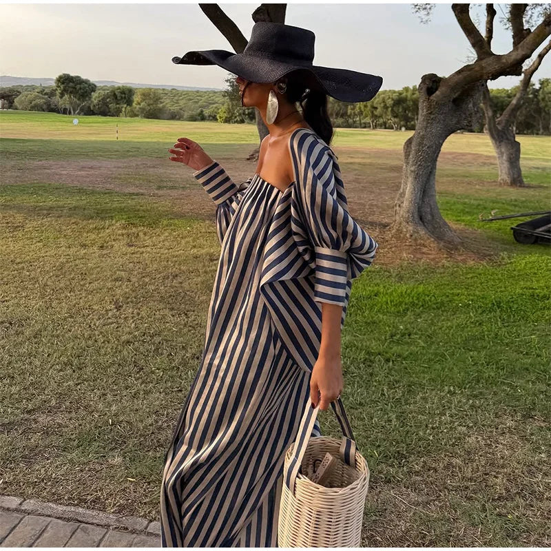 Striped Strapless Maxi Dress Set With Detachable Shawl for Women
