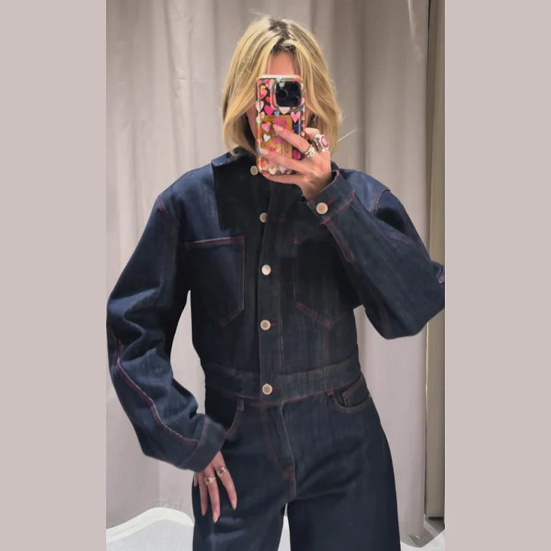 Chic Heart Print Denim Coat and Pants Set for Women