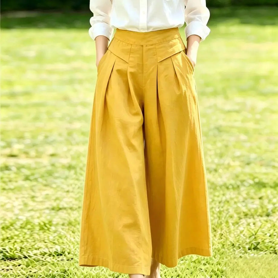 High-Waisted Cotton Linen Wide-Leg Culottes for Women