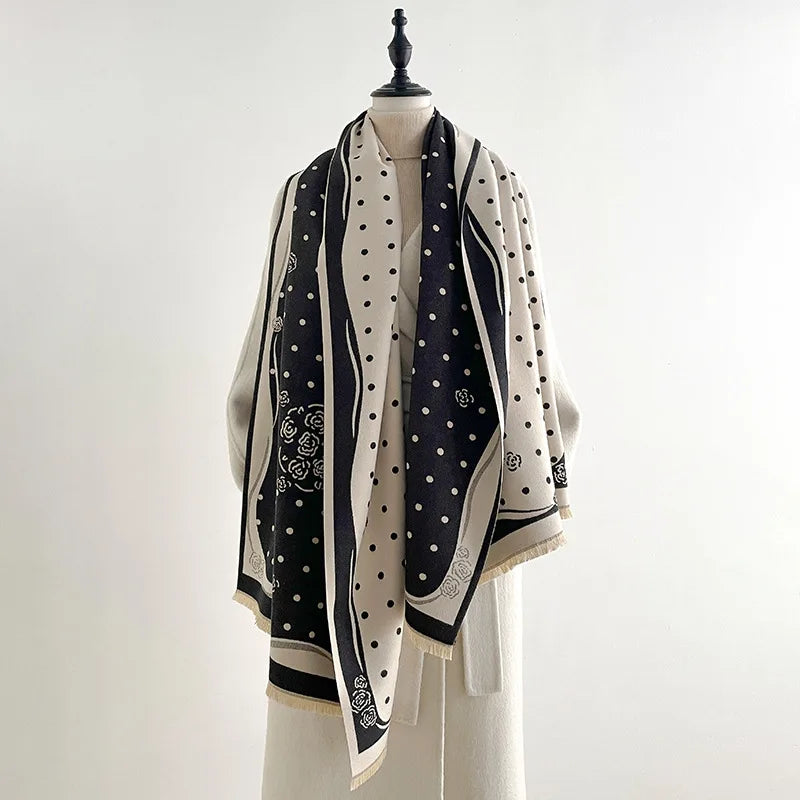 Rose Dot Print Knit Fringe Scarf