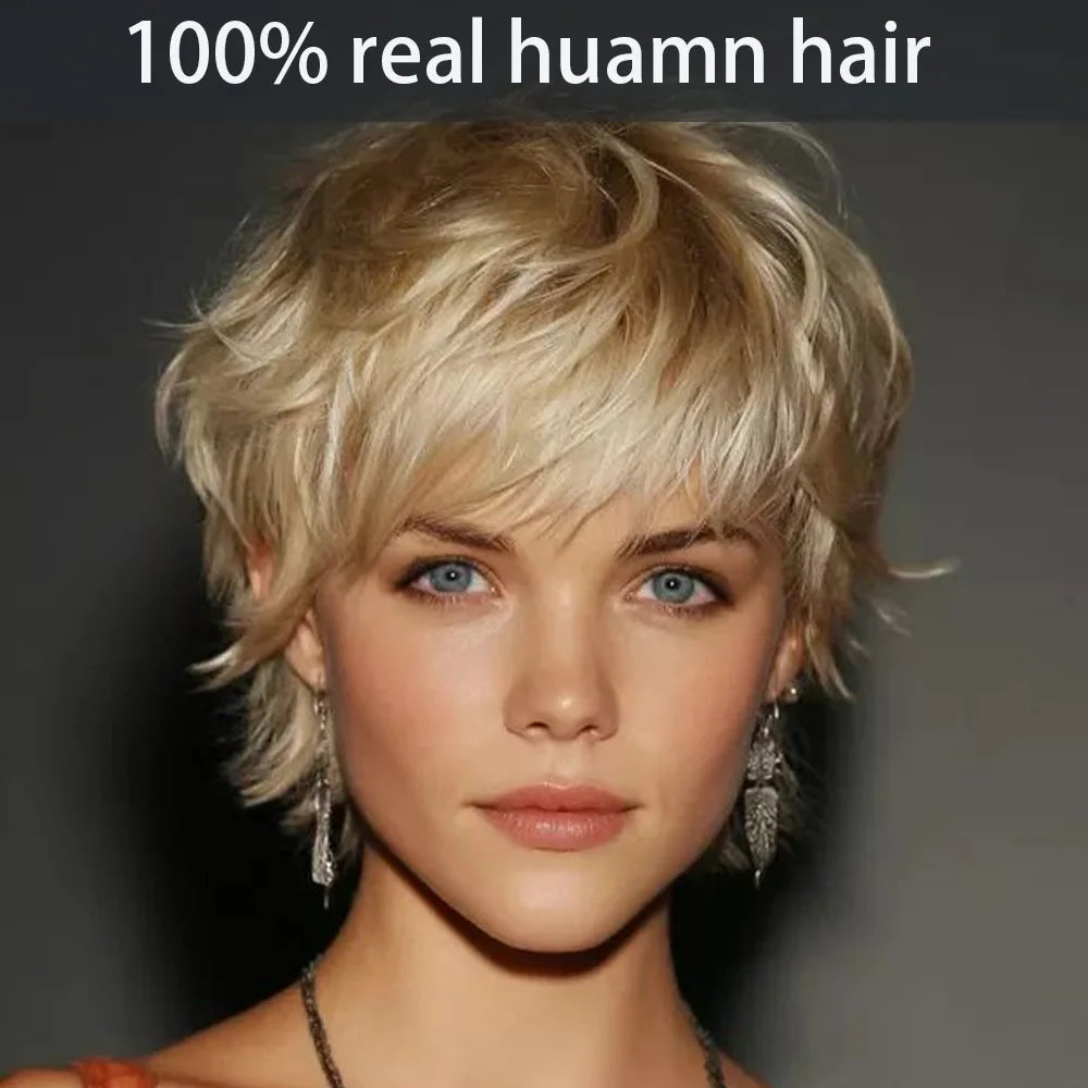 Short Straight Pixie Cut With Bangs Human Hair Wig For Women