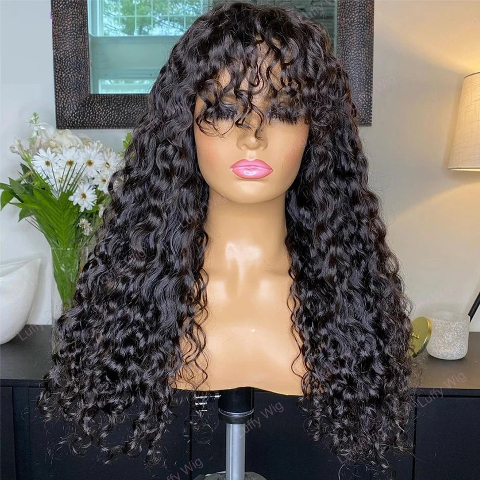 Water Wave Glueless Human Hair Wig With Bangs for Women