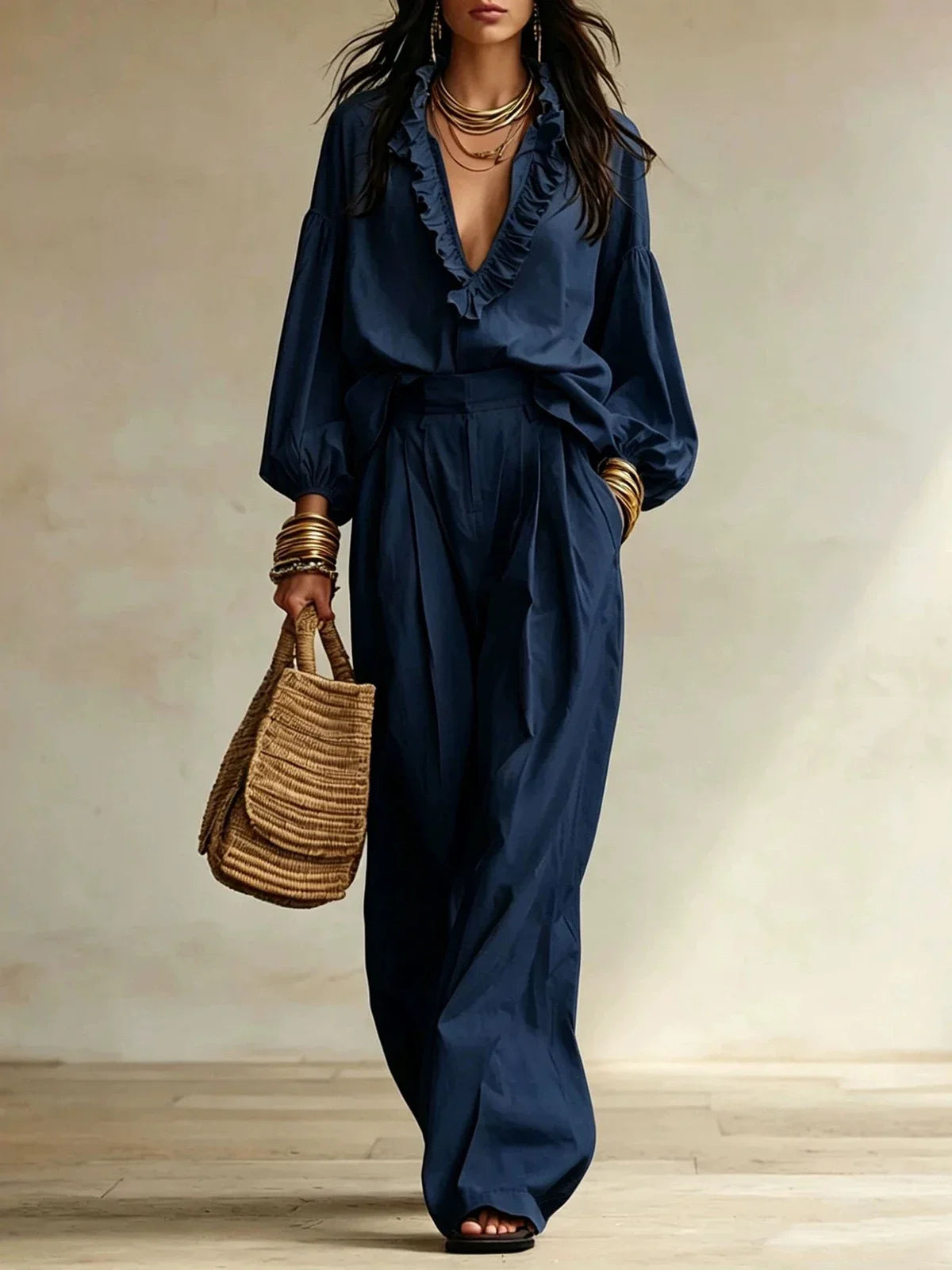 Vintage Ruffle V Neck Pleated Wide Leg Pants Set for Women