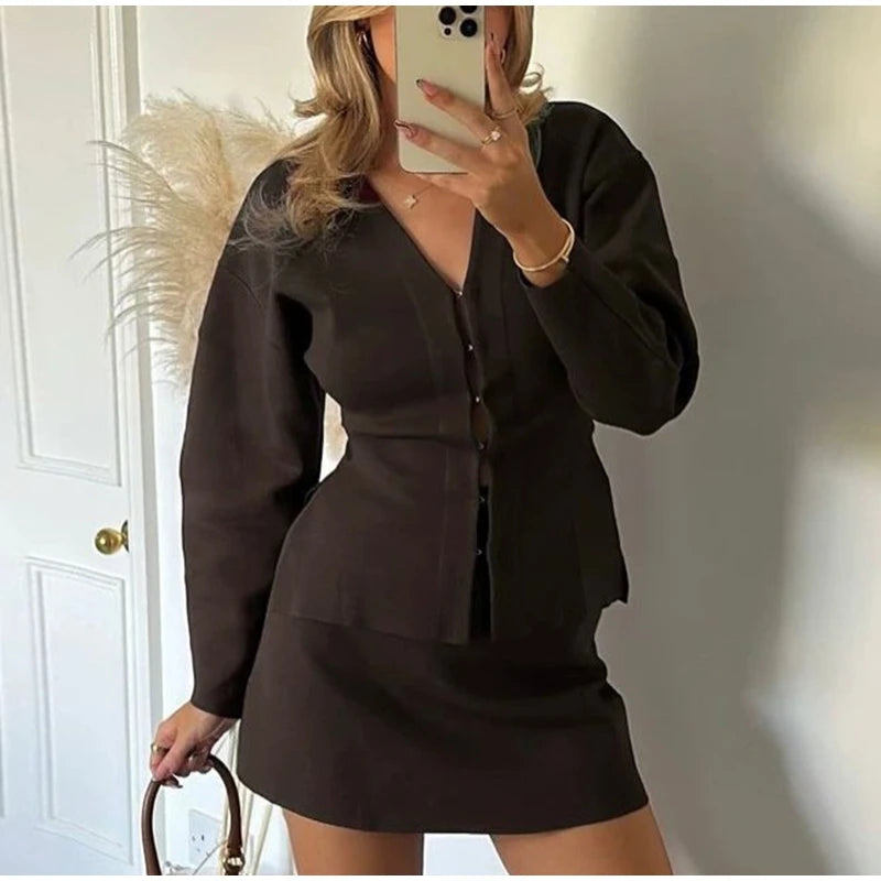 Elegant Knit Two Piece Set With Front Cutout and V Neck For Women