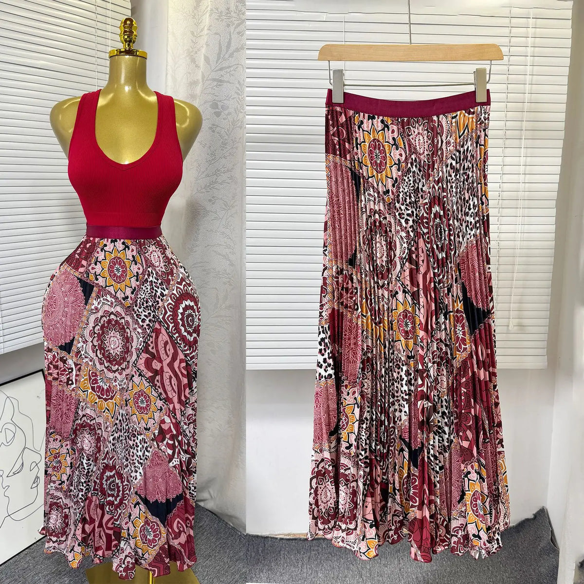Floral Ruffle A Line Midi Skirt with Elastic Waist for Women