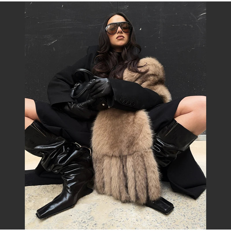 Long Thick Plush Faux Fur Scarf With Fringe for Women