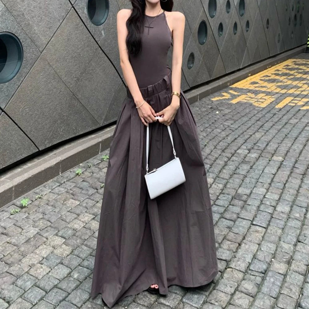 Gray High Waist Button Placket Midi Dress For Women