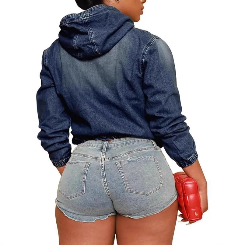 Hooded Denim Pullover Casual Short Jacket for Women