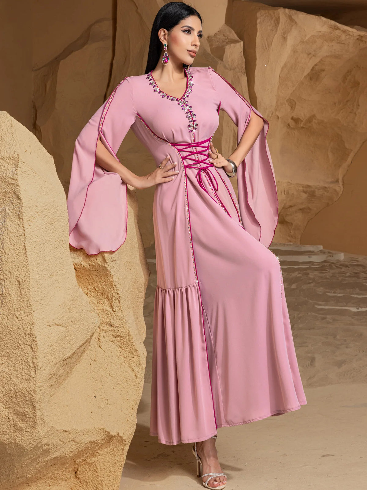 Diamond Embellished Moroccan Kaftan Maxi Dress for Women