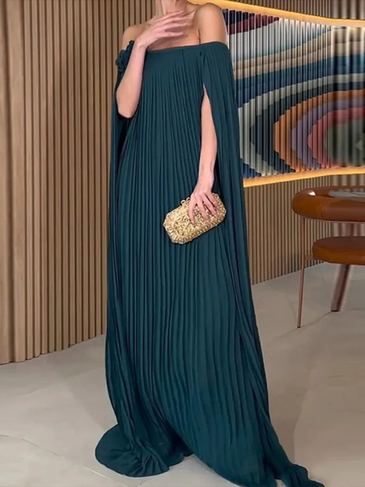 Gymystars Elegant Off Shoulder Maxi Dress Gauze Pleated Evening Dresses New Casual High Waist Tiered Luxury Party Women Dresses