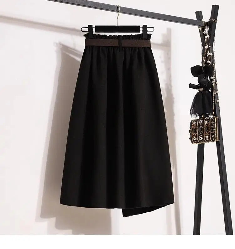 High Waisted Black Wool Midi Skirt With Pockets for Women