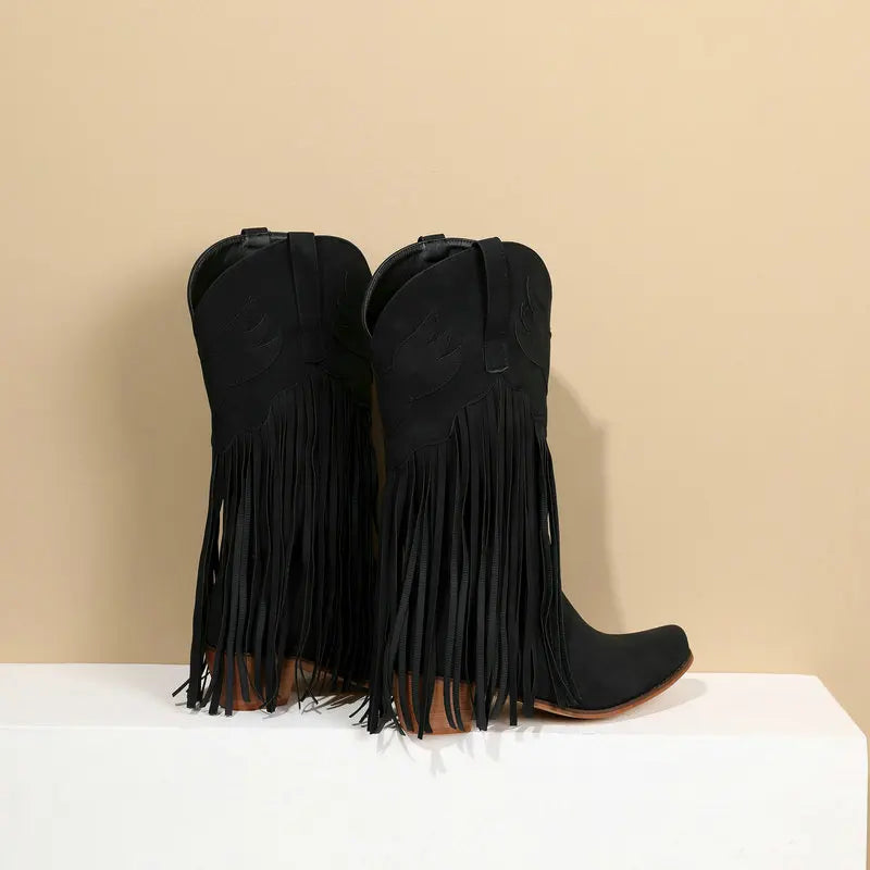 Retro Western Style Mid Calf Boots With Block Heel Tassels For Women