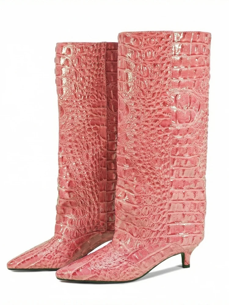 Crocodile Print Wide Shaft Kitten Heel Knee High Boots for Women