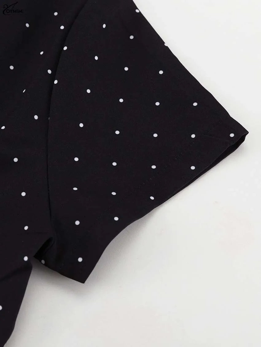 Oymimi Fashion Black Print Two Piece Outfits Woman Elegant Short Sleeve Button Blouses And High Waisted Slim Mid-Calf Skirt Sets